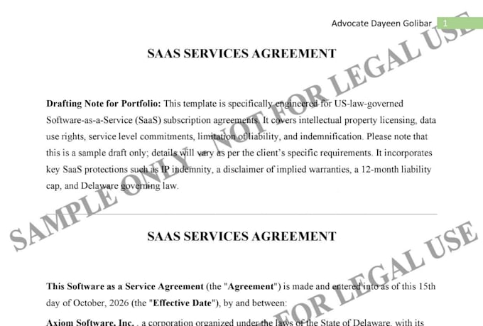 provide a US delaware law saas agreement for your software